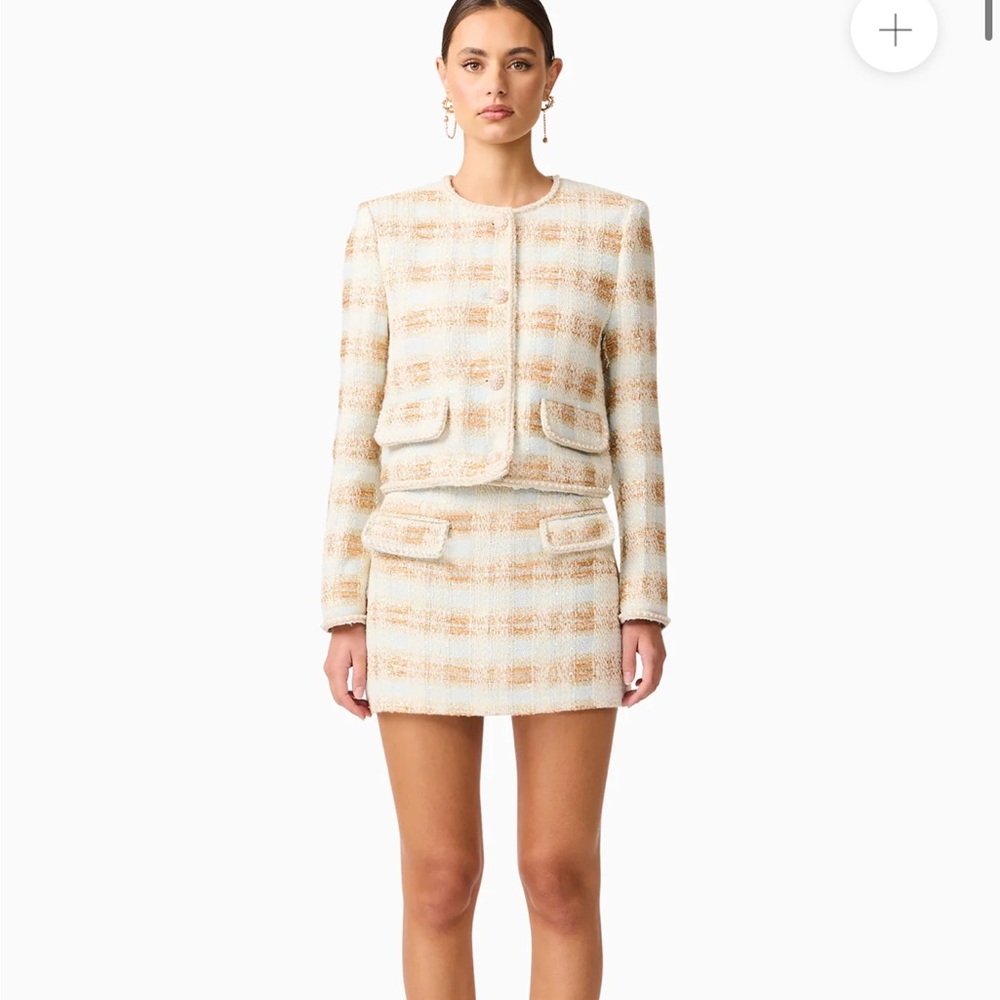 elliatt ashlyn white blue & gold long sleeve metallic tweed mini skirt set small - Picture 3 of 14